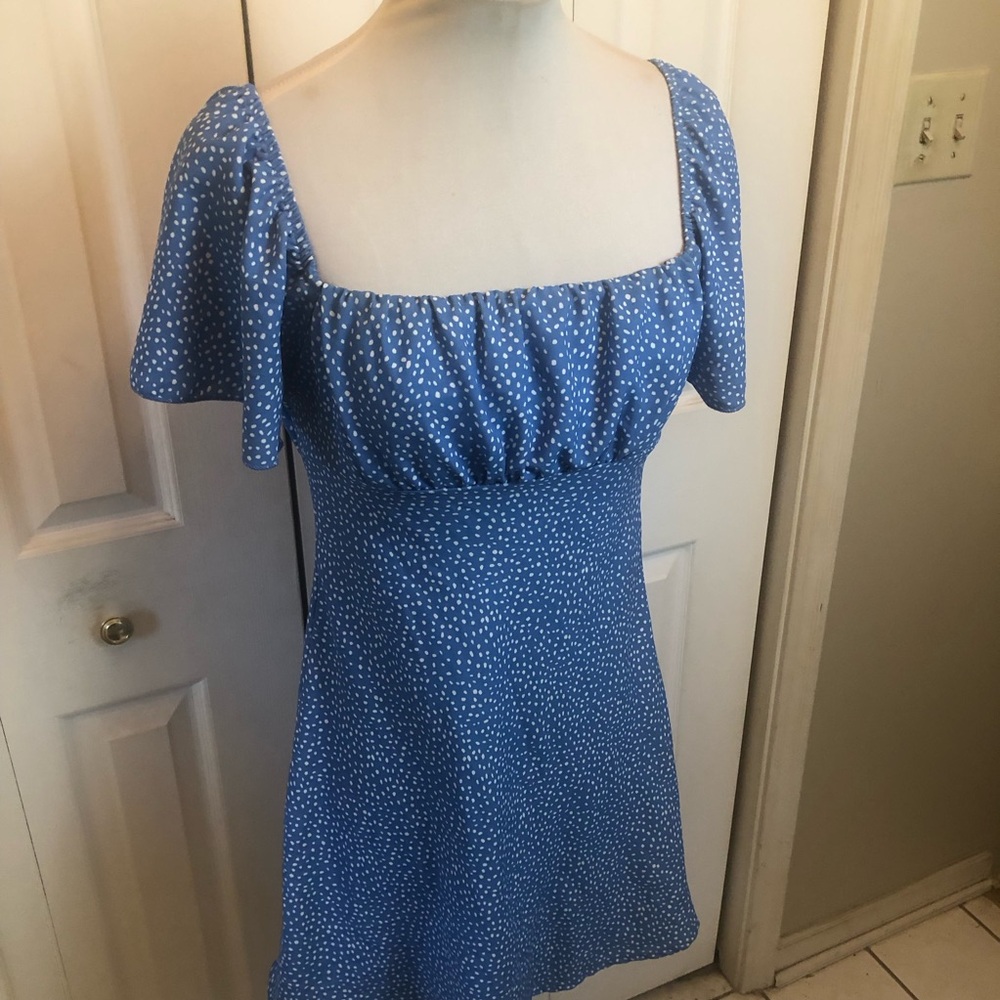 Blue Square-Neck Mini Dress with Smocked Waist